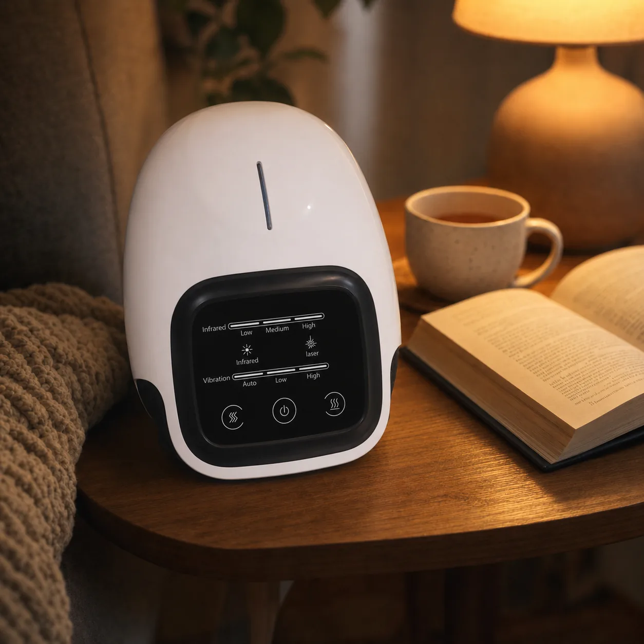 GlowKnee wrap resting on a side table next to a warm cup of tea, evoking an evening heat routine