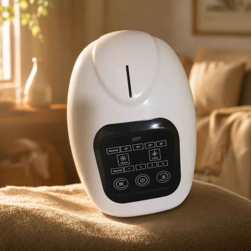 GlowKnee cordless knee massager wrap, white with black LED touchscreen control panel, front view